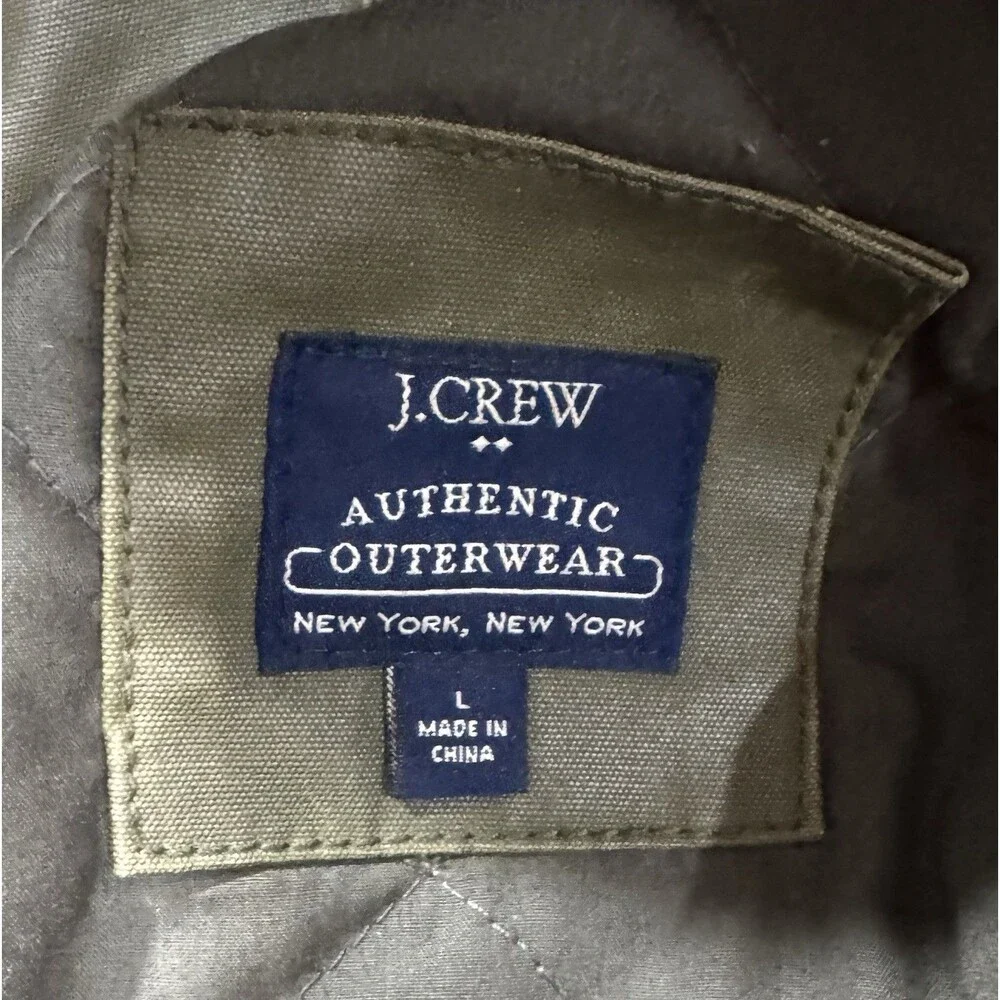 J.Crew Men L Waxed Cotton Field Jacket Olive Quilted Hooded A8942 Military Work